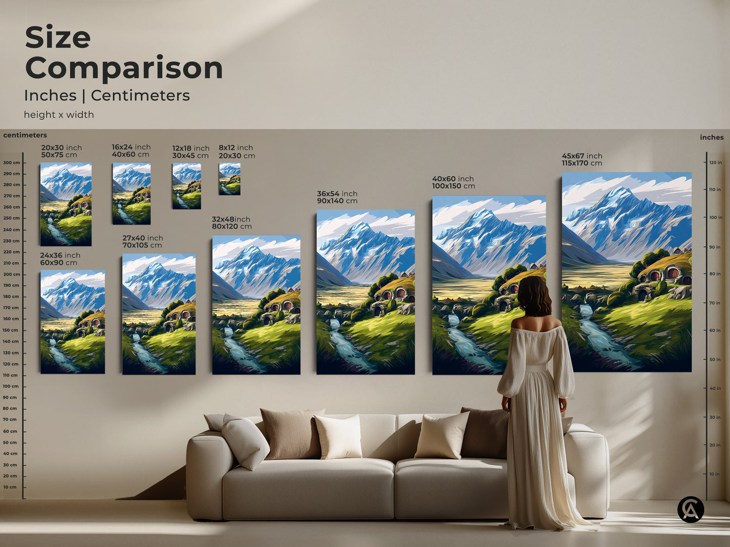 Size comparison of fantasy landscape artwork. This hobbit hole mountain and river art comes in multiple sizes. A great piece for nature lovers decor.