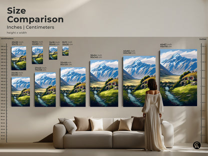 Size comparison of fantasy landscape artwork. This hobbit hole mountain and river art comes in multiple sizes. A great piece for nature lovers decor.