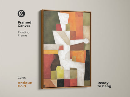 Framed canvas of abstract geometric artwork. The floating frame is antique gold. This Mid-Century Modern art is ready to hang. It features a Terracotta and White palette with Orange and Olive Green accents.