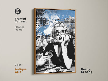 Framed canvas art of a Pop Art woman. An antique gold floating frame enhances this modern cityscape artwork. Ready to hang this contemporary print is perfect for a chic bedroom. The abstract blue art adds a stylish touch to any office. This art print is an ideal gift for fashion enthusiasts.