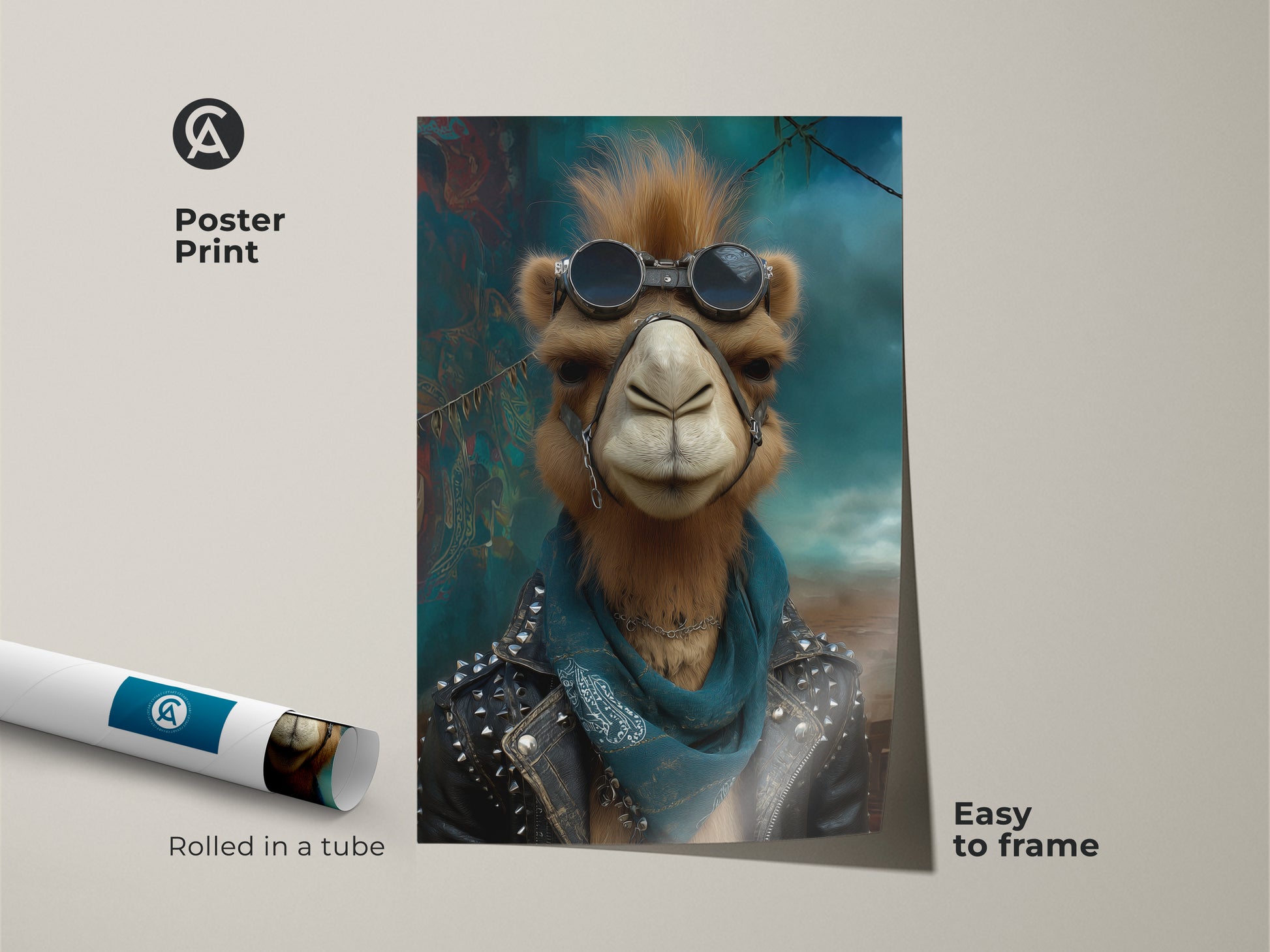 Poster print of a rocker camel art piece. The print features a camel wearing a studded leather jacket and goggles. This is an easily framed print ideal for alternative wall hangings. A great gift for music lovers with an edgy style.