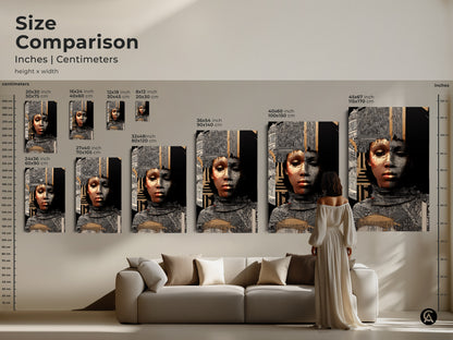 Size comparison of African woman art prints in inches and centimeters. This black and white canvas features gold geometric art for modern homes. It is a unique home accent.