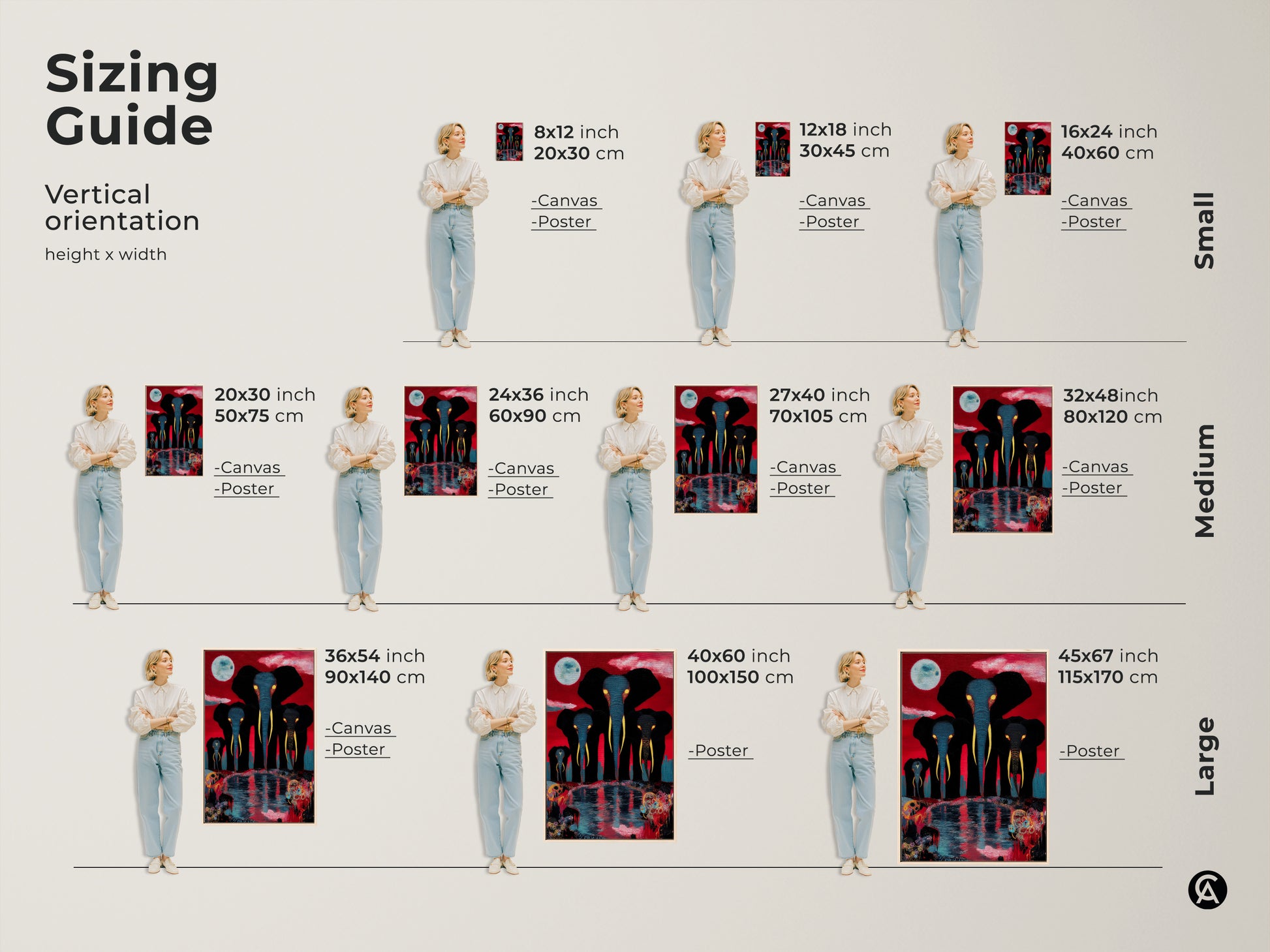The sizing guide displays a surreal elephant family canvas print in various vertical sizes. Envision the perfect fit for your space with this eclectic red blue black artwork. It is a unique gift for animal lovers.