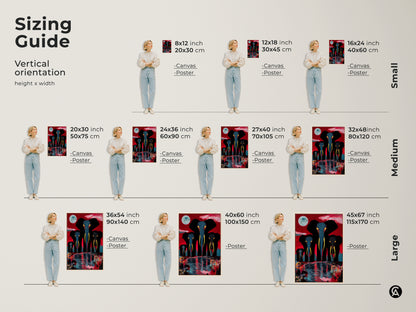 The sizing guide displays a surreal elephant family canvas print in various vertical sizes. Envision the perfect fit for your space with this eclectic red blue black artwork. It is a unique gift for animal lovers.