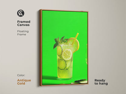 Framed canvas with an antique gold floating frame displaying lime green art of cucumber lemonade. This vibrant drink artwork is ready to hang. This piece of art brings a unique touch to any home bar or kitchen.