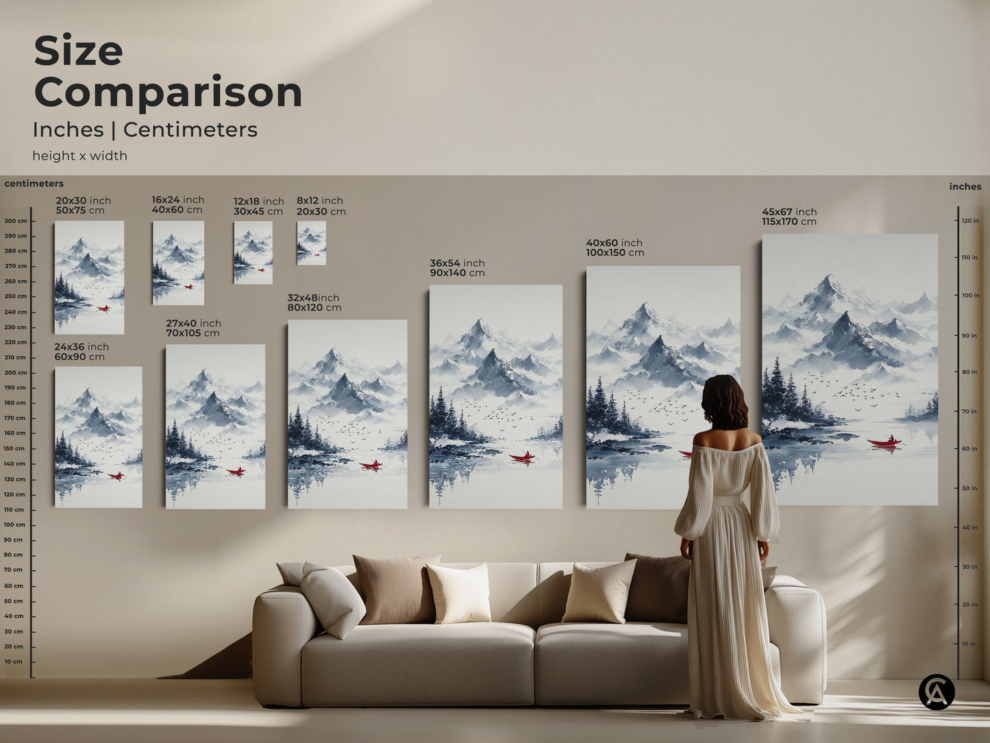 Size comparison of minimalist mountain art. See the ink wash lake scene with a red canoe in various sizes. Choose from small to extra large canvas or poster prints. This blue gray nature landscape adds serenity to your living room.