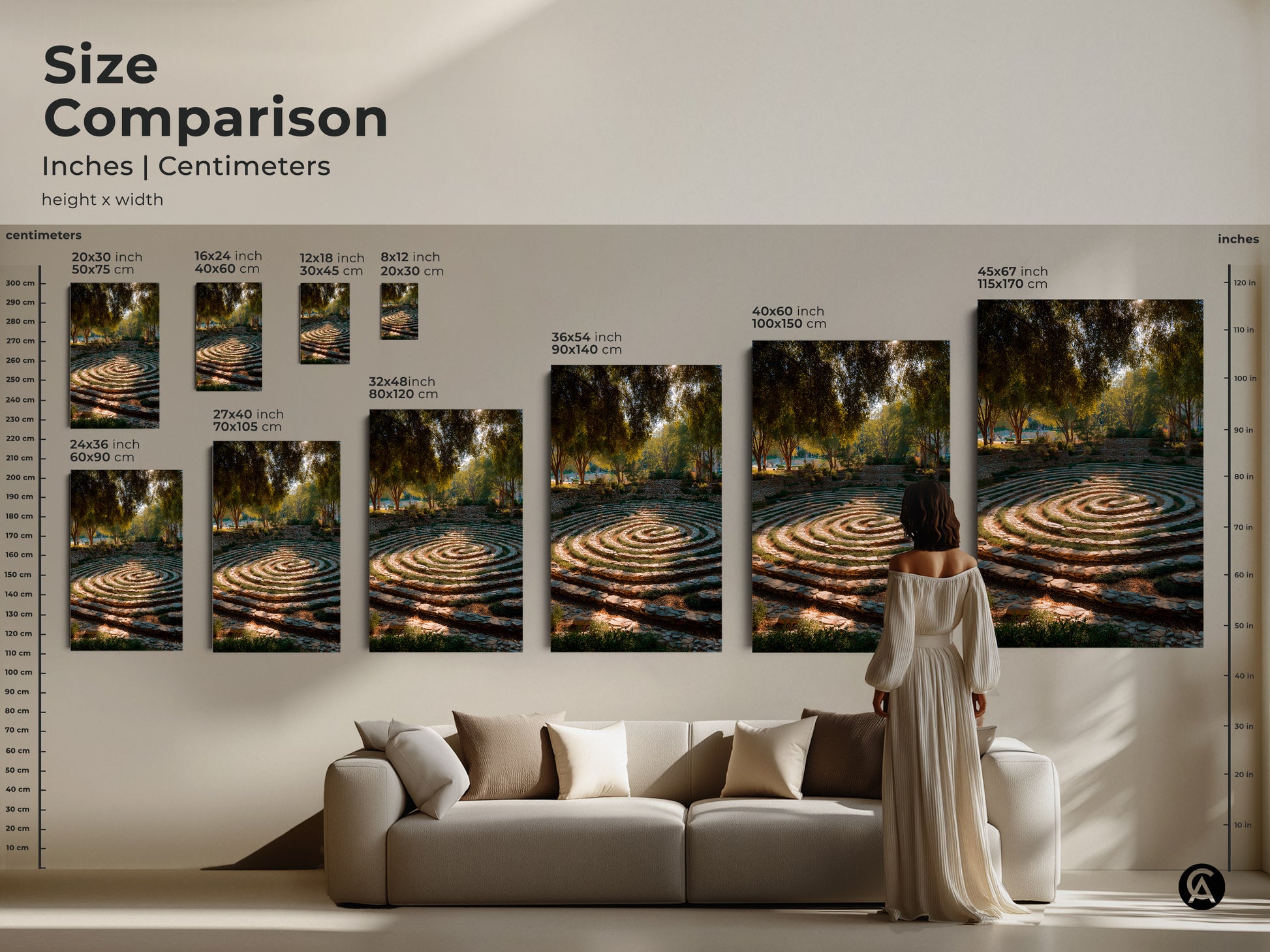 Size comparison showcases stone steps garden maze art from small to extra large. Visualize how each size fits above a sofa. This biophilic landscape art is a stunning addition to any room providing a tranquil and nature-inspired focal point.