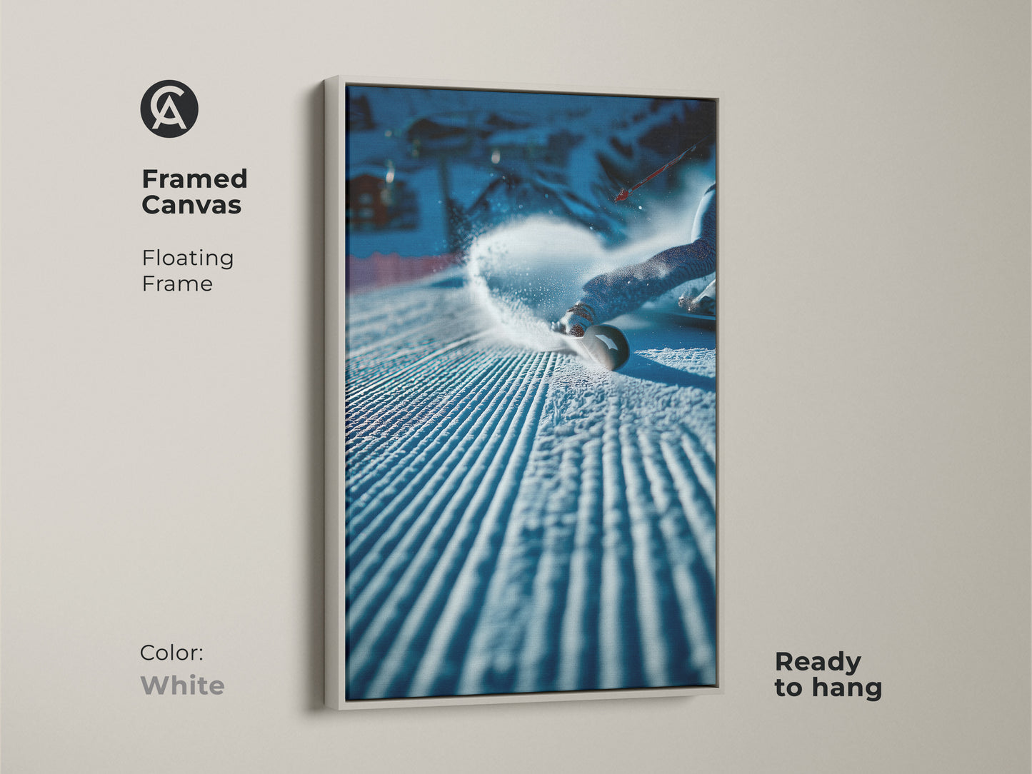 Framed canvas art featuring a snowboarder carving through snow. The floating frame is white. It offers a clean and contemporary look. This artwork is ready to hang. It is perfect for brightening up any room. Get yours today.