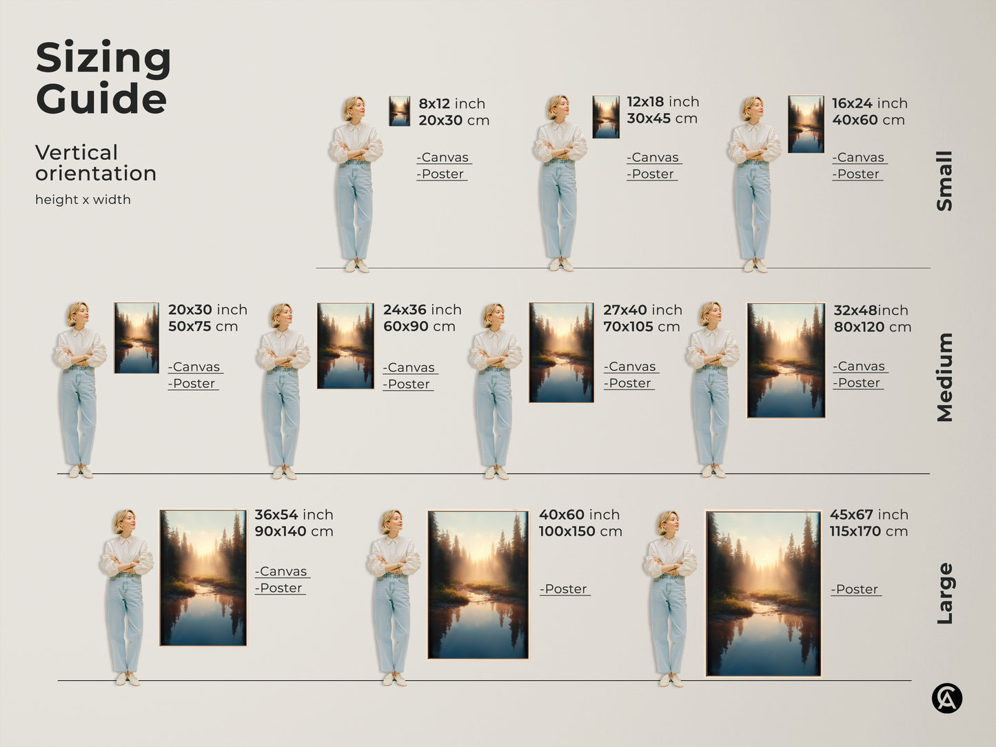 Sizing guide for vertical orientation art shows canvas and poster prints. Available in small medium and large sizes. Each features golden hour light over a river in a pine forest. Find your perfect fit.