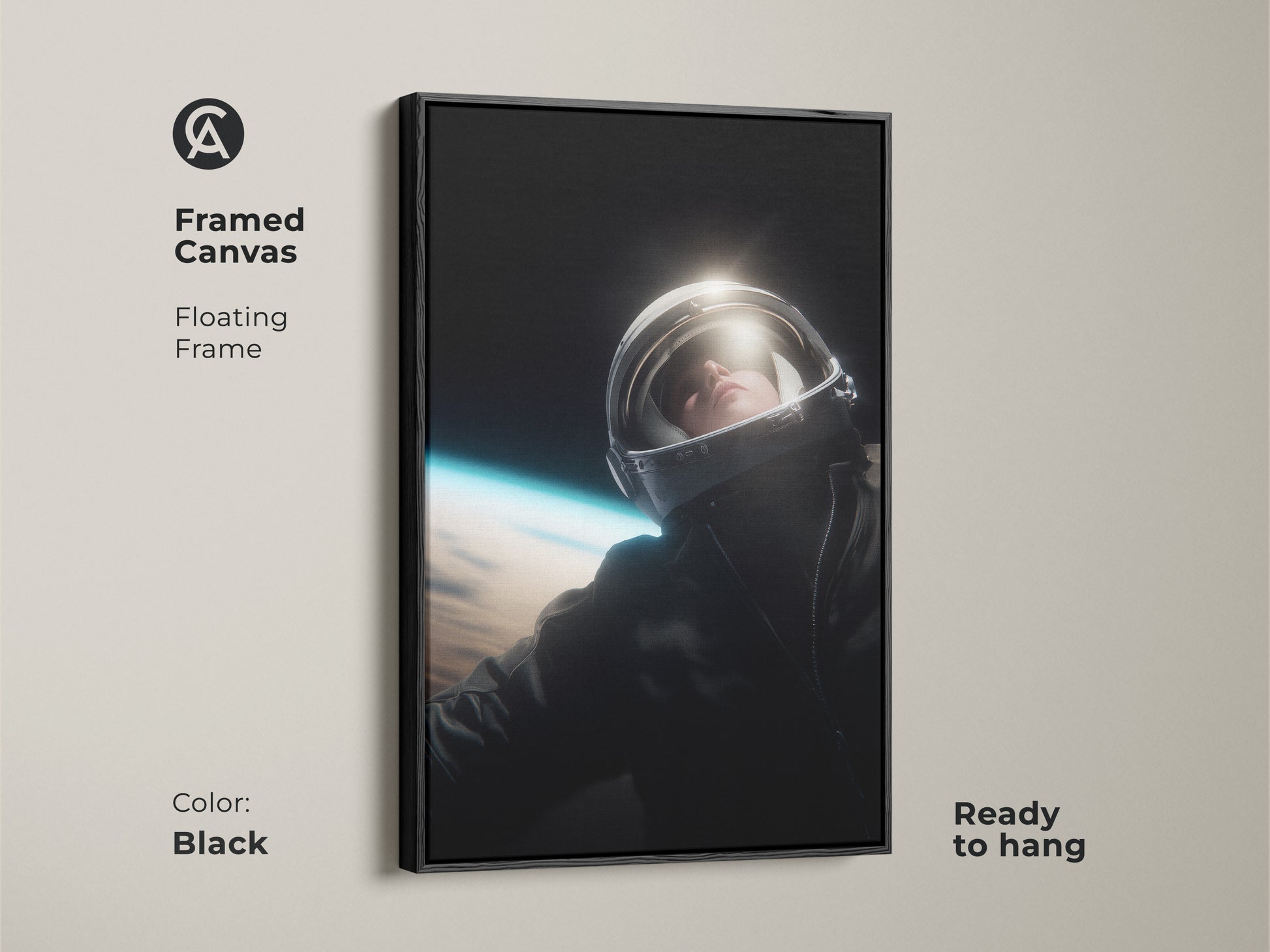 Elevate your decor with this framed astronaut canvas. The black floating frame enhances the black and white tones of the artwork. It features a striking view of Earth. The art comes ready to hang. Ideal for adding a touch of cosmic inspiration to your office or home.
