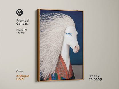 Framed canvas of a surreal white horse art print with an antique gold floating frame ready to hang. The eclectic horse wall art features blue and orange accents. This fantasy unicorn canvas art makes for unique bedroom art.