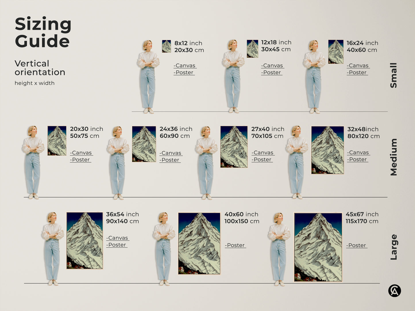 Sizing guide for the canvas and poster artwork. The vertical orientation features a snowy mountain village landscape. Choose from small medium or large sizes. This vintage poster art suits bedroom wall decor. It serves as a housewarming gift for hikers.