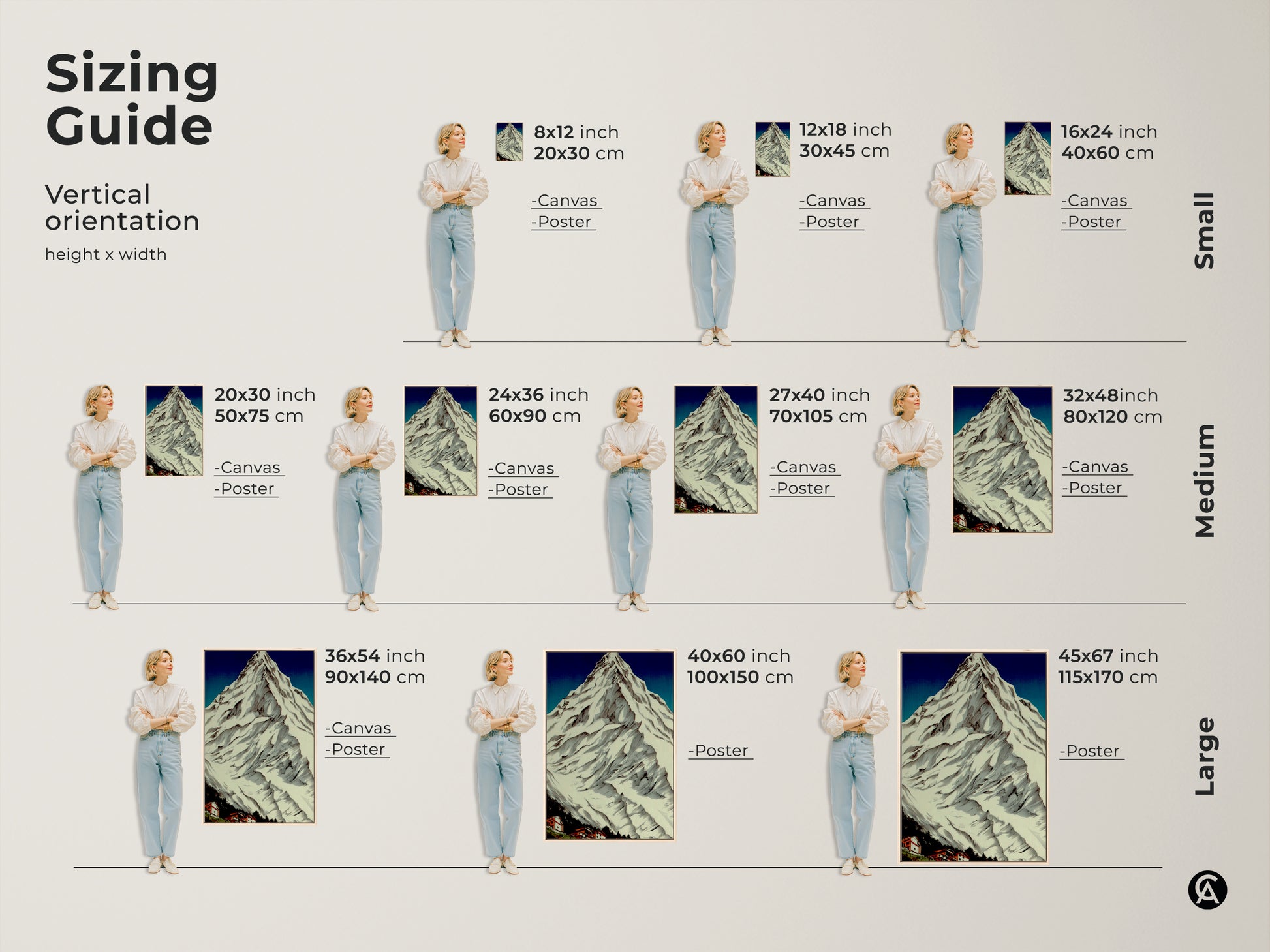 Sizing guide for the canvas and poster artwork. The vertical orientation features a snowy mountain village landscape. Choose from small medium or large sizes. This vintage poster art suits bedroom wall decor. It serves as a housewarming gift for hikers.