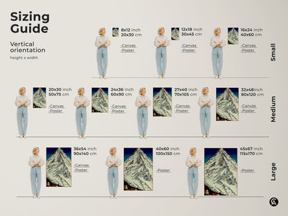 Sizing guide for the canvas and poster artwork. The vertical orientation features a snowy mountain village landscape. Choose from small medium or large sizes. This vintage poster art suits bedroom wall decor. It serves as a housewarming gift for hikers.