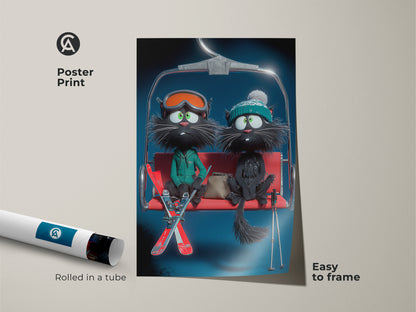 A poster print displays two cartoon black cats riding a ski lift. This funny cat winter art arrives rolled in a tube for protection. Ideal for framing this piece adds a playful touch. Perfect as a cat lover birthday gift this whimsical animal art is unique wall decor. Enjoy this easy to frame poster.