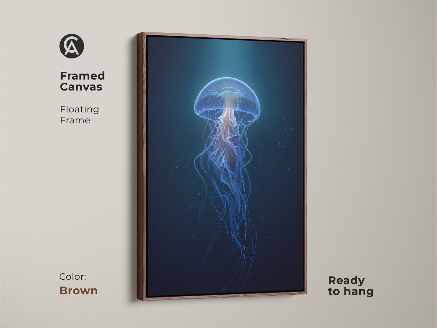 Framed Canvas displaying bioluminescent jellyfish art with a floating brown frame. The contemporary ocean artwork is ready to hang. The deep blue and cyan palette complements any space. An ideal choice for ocean-themed decor or a thoughtful bedroom art piece.