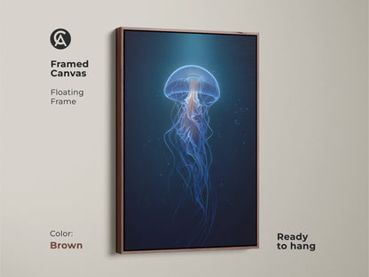 Framed Canvas displaying bioluminescent jellyfish art with a floating brown frame. The contemporary ocean artwork is ready to hang. The deep blue and cyan palette complements any space. An ideal choice for ocean-themed decor or a thoughtful bedroom art piece.