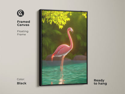 Framed canvas featuring a pink flamingo tropical bird wall art piece. The floating black frame adds a touch of elegance. Teal green nature art is perfect for boho home decor. This exotic animal art is ready to hang. It is a great housewarming gift for her.