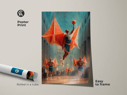This poster print features a surreal basketball scene with a player dunking inside a cathedral. The orange teal blue colors create a striking image. This unique sports artwork is easy to frame. Ideal as eclectic sports decor it is a perfect gift for a basketball fan. The print comes rolled in a tube.