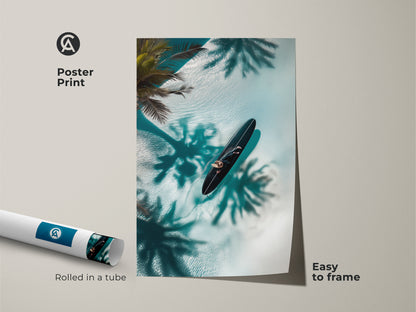Add a touch of wanderlust to your home with this poster print. The artwork showcases a person on a surfboard. The view is from above capturing the clear water and tropical shadows. Rolled in a tube this poster print is easy to frame. Bring the beach to your walls with this vibrant piece.