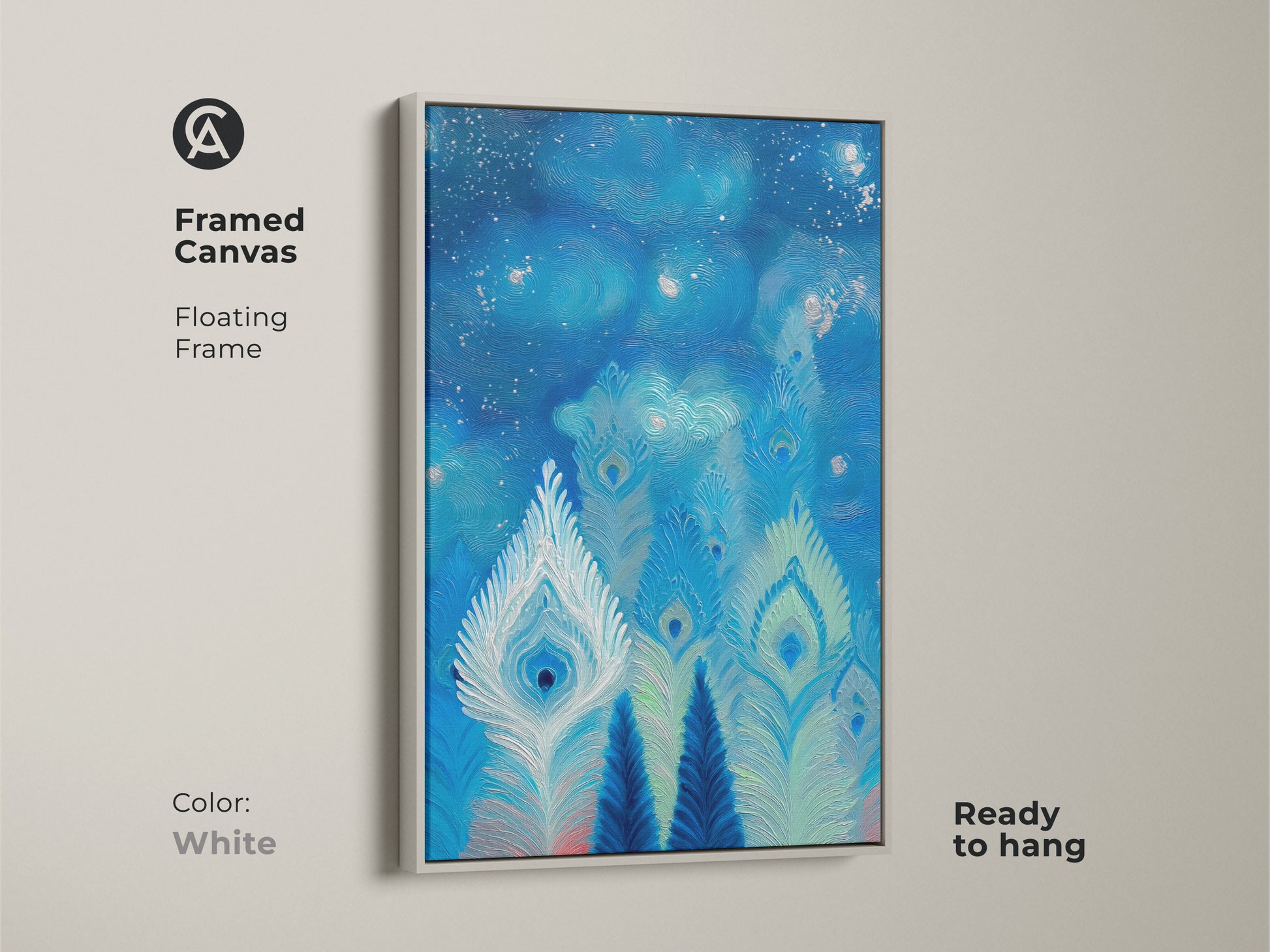 Framed canvas artwork shows peacock feathers in abstract. The deep blues and teals provide a celestial swirl. This wall art is ready to hang with a white floating frame. This makes a modern abstract canvas for wall decor.