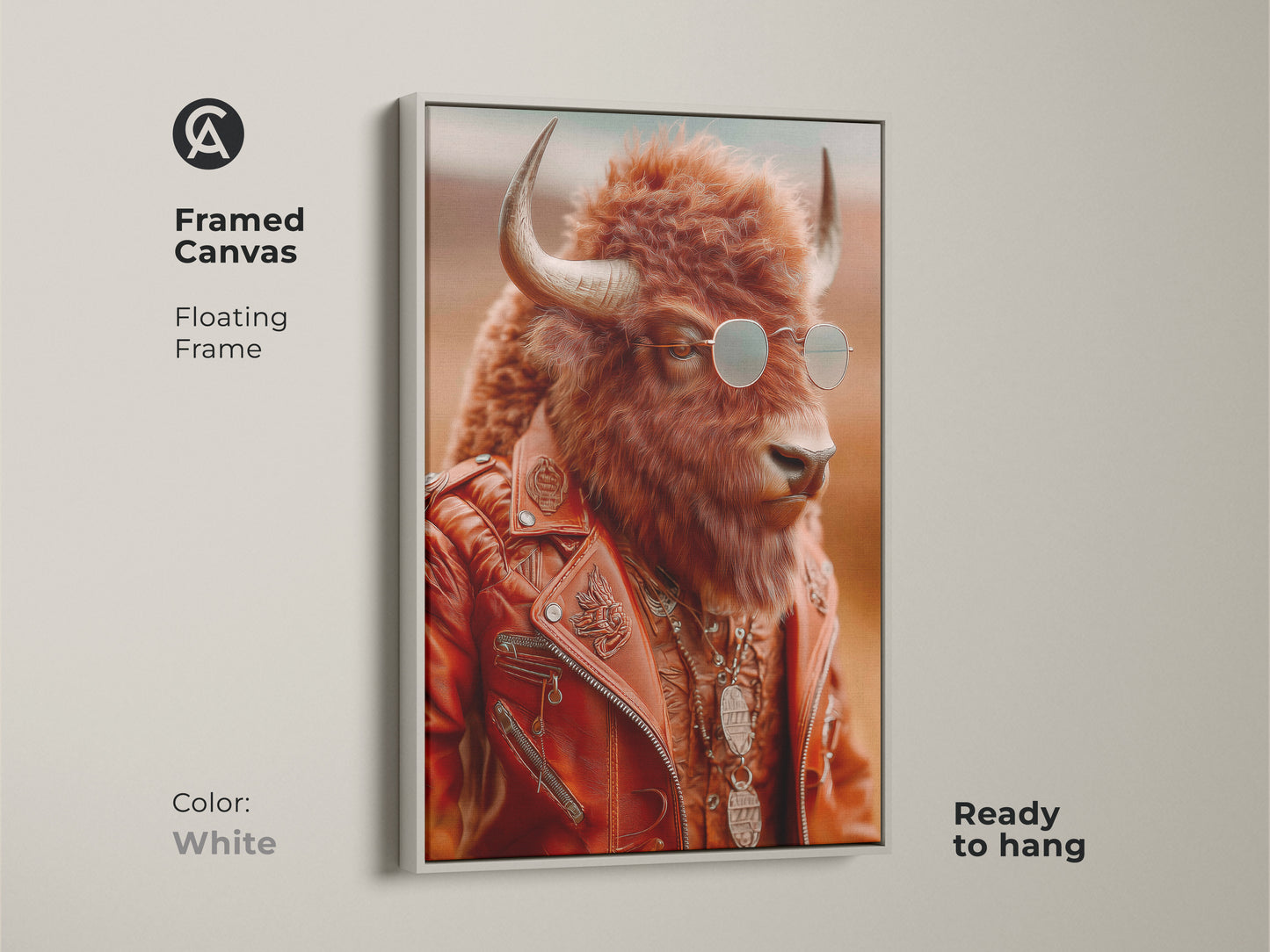 Framed canvas print with a white floating frame presenting a cool bison. The bison wears a retro leather jacket and sunglasses. Perfect for an animal lover gift or as creative workspace art it is ready to hang.