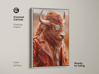 Framed canvas print with a white floating frame presenting a cool bison. The bison wears a retro leather jacket and sunglasses. Perfect for an animal lover gift or as creative workspace art it is ready to hang.