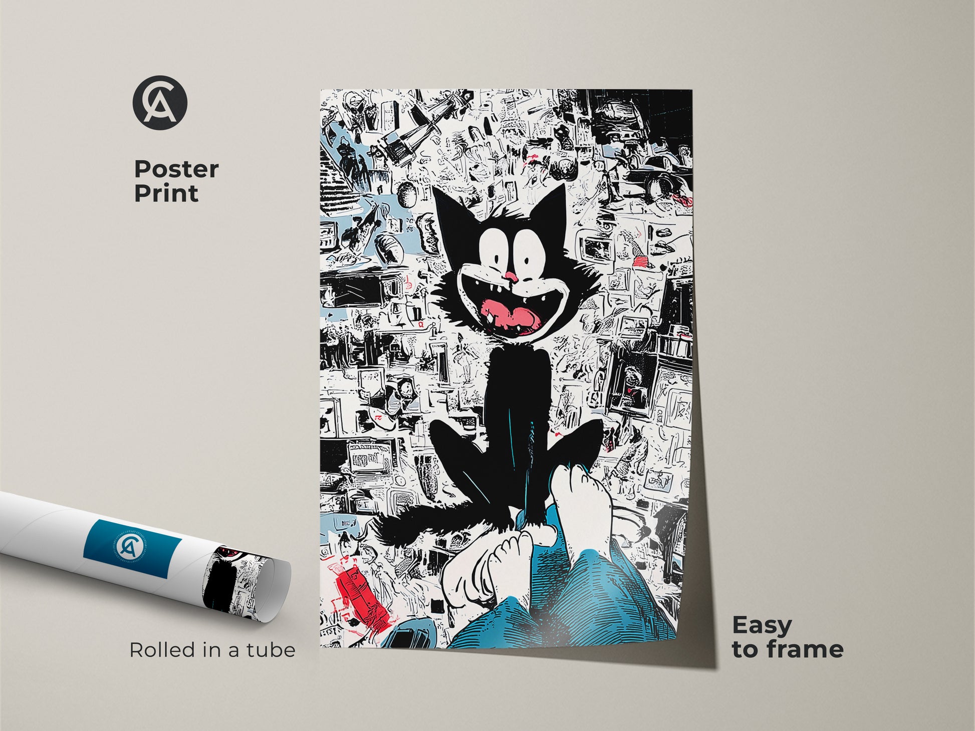 Poster print of a black cat artwork. This print features a collage of cartoon imagery. This museum-quality paper poster is easy to frame. It is rolled in a tube for protection. A fun art piece for any cat art enthusiast.