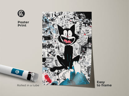 Poster print of a black cat artwork. This print features a collage of cartoon imagery. This museum-quality paper poster is easy to frame. It is rolled in a tube for protection. A fun art piece for any cat art enthusiast.
