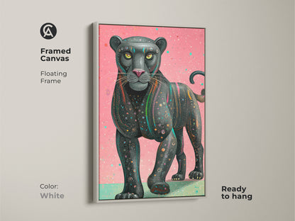 The framed canvas features pink teal geometric panther art with a floating frame. This contemporary wildlife artwork displays abstract animal artwork for an eclectic home. The white frame offers a clean look. This black panther artwork is ready to hang. It adds a unique artistic touch and would be great in a living room.