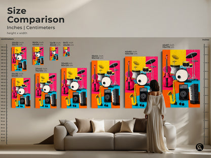 Size comparison of musical instrument art prints. See how different sizes look in a room setting. Includes canvas and poster options. The artwork features a cello drum set saxophone keyboard and speaker. Visualize the perfect fit.