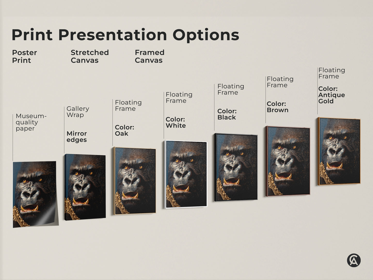 Explore print presentation options for gorilla artwork. Choose from poster stretched or framed canvas. Each option highlights the regal gorilla with a gold chain. Find the perfect style to match your taste. Discover museum-quality prints today.
