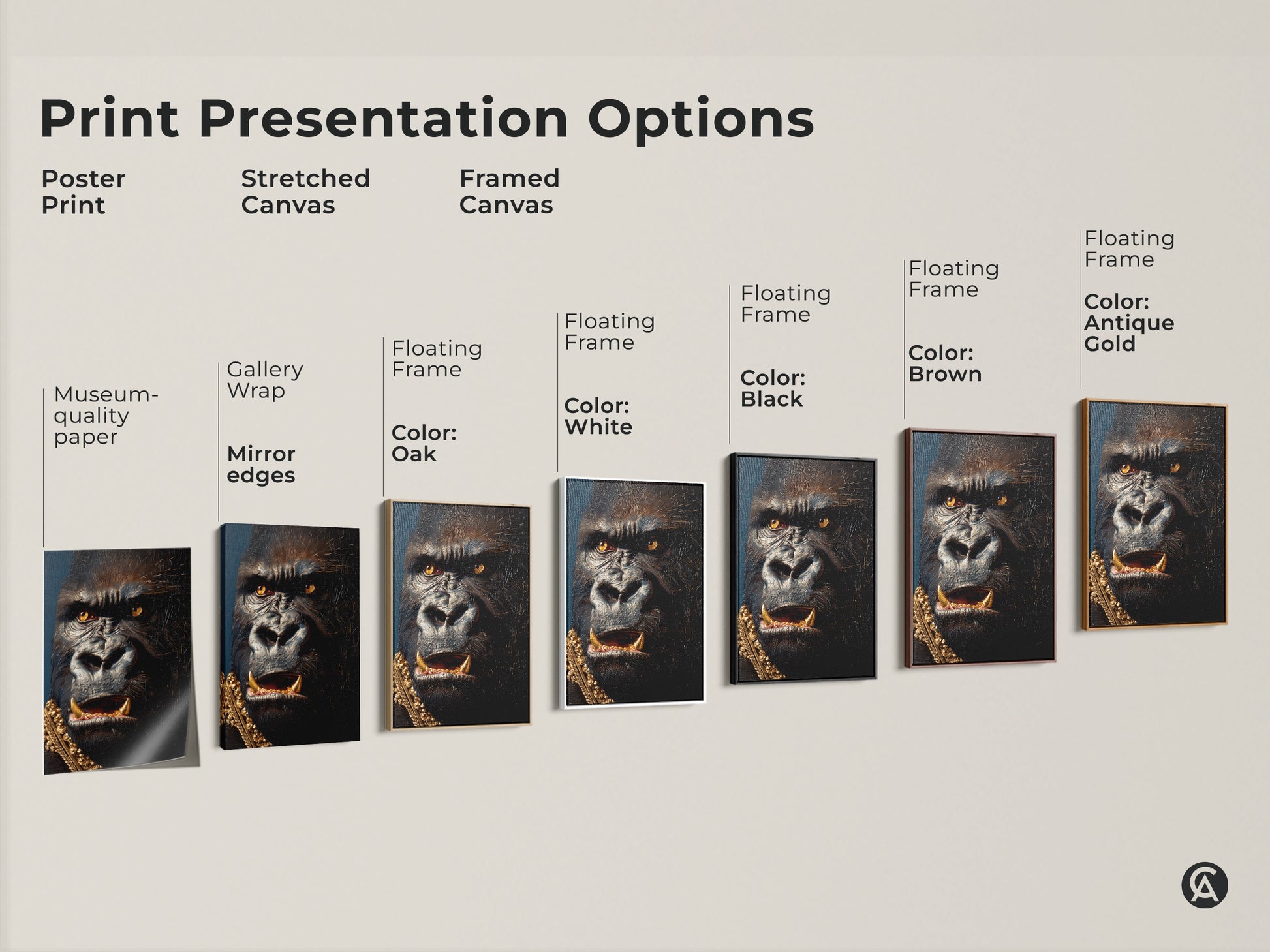 Explore print presentation options for gorilla artwork. Choose from poster stretched or framed canvas. Each option highlights the regal gorilla with a gold chain. Find the perfect style to match your taste. Discover museum-quality prints today.