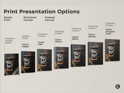 Explore print presentation options for gorilla artwork. Choose from poster stretched or framed canvas. Each option highlights the regal gorilla with a gold chain. Find the perfect style to match your taste. Discover museum-quality prints today.