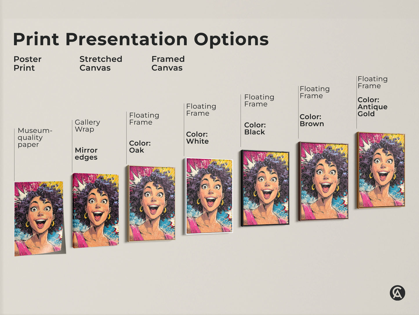 Explore print presentation options for a pop art woman portrait. Choose from poster prints stretched canvas and framed canvas. Each option highlights the vibrant pink yellow and blue colors. Find the perfect style to match your eclectic home decor and showcase this comic book style art