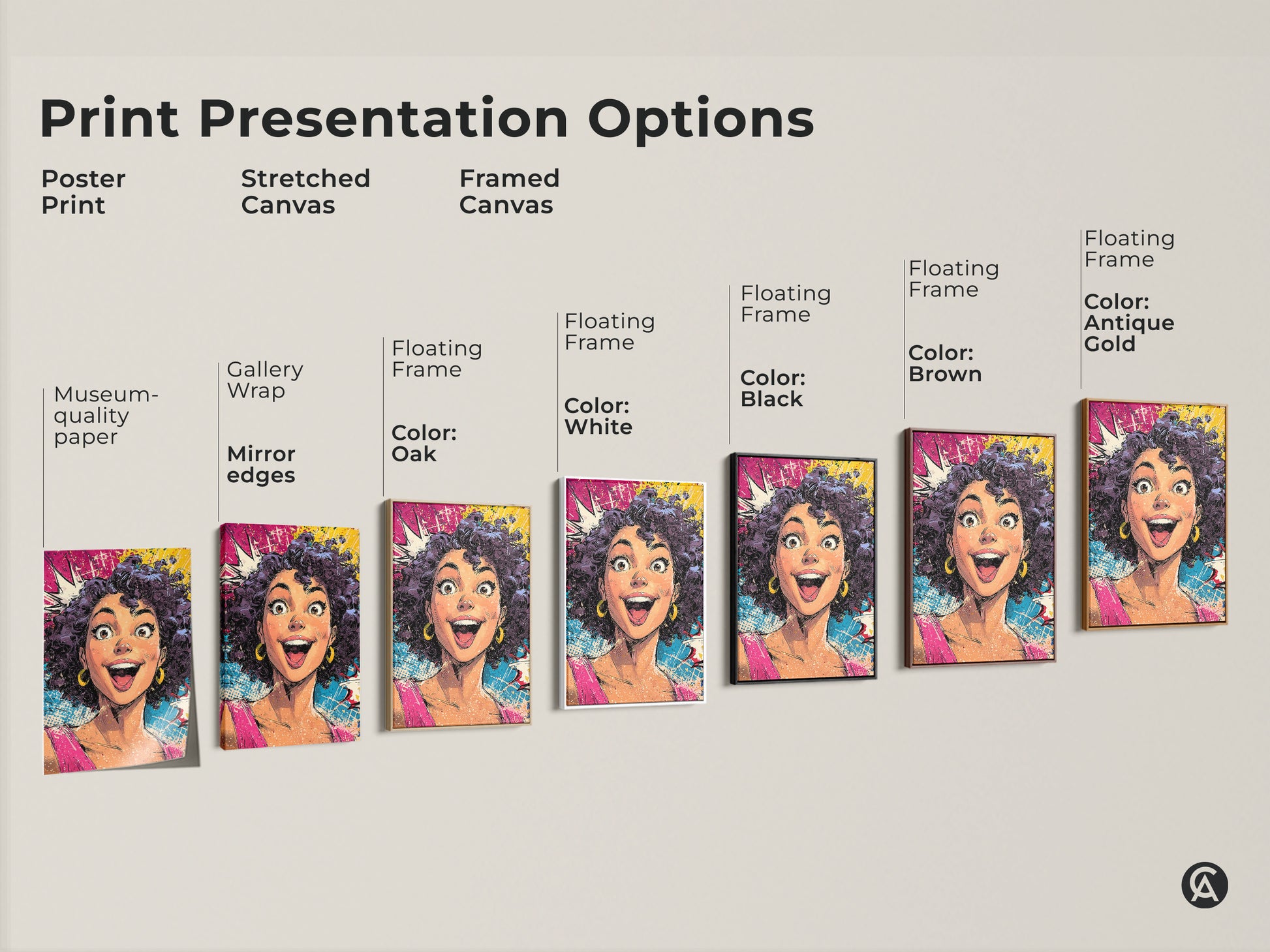 Explore print presentation options for a pop art woman portrait. Choose from poster prints stretched canvas and framed canvas. Each option highlights the vibrant pink yellow and blue colors. Find the perfect style to match your eclectic home decor and showcase this comic book style art