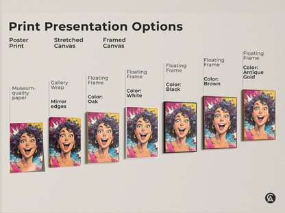 Explore print presentation options for a pop art woman portrait. Choose from poster prints stretched canvas and framed canvas. Each option highlights the vibrant pink yellow and blue colors. Find the perfect style to match your eclectic home decor and showcase this comic book style art