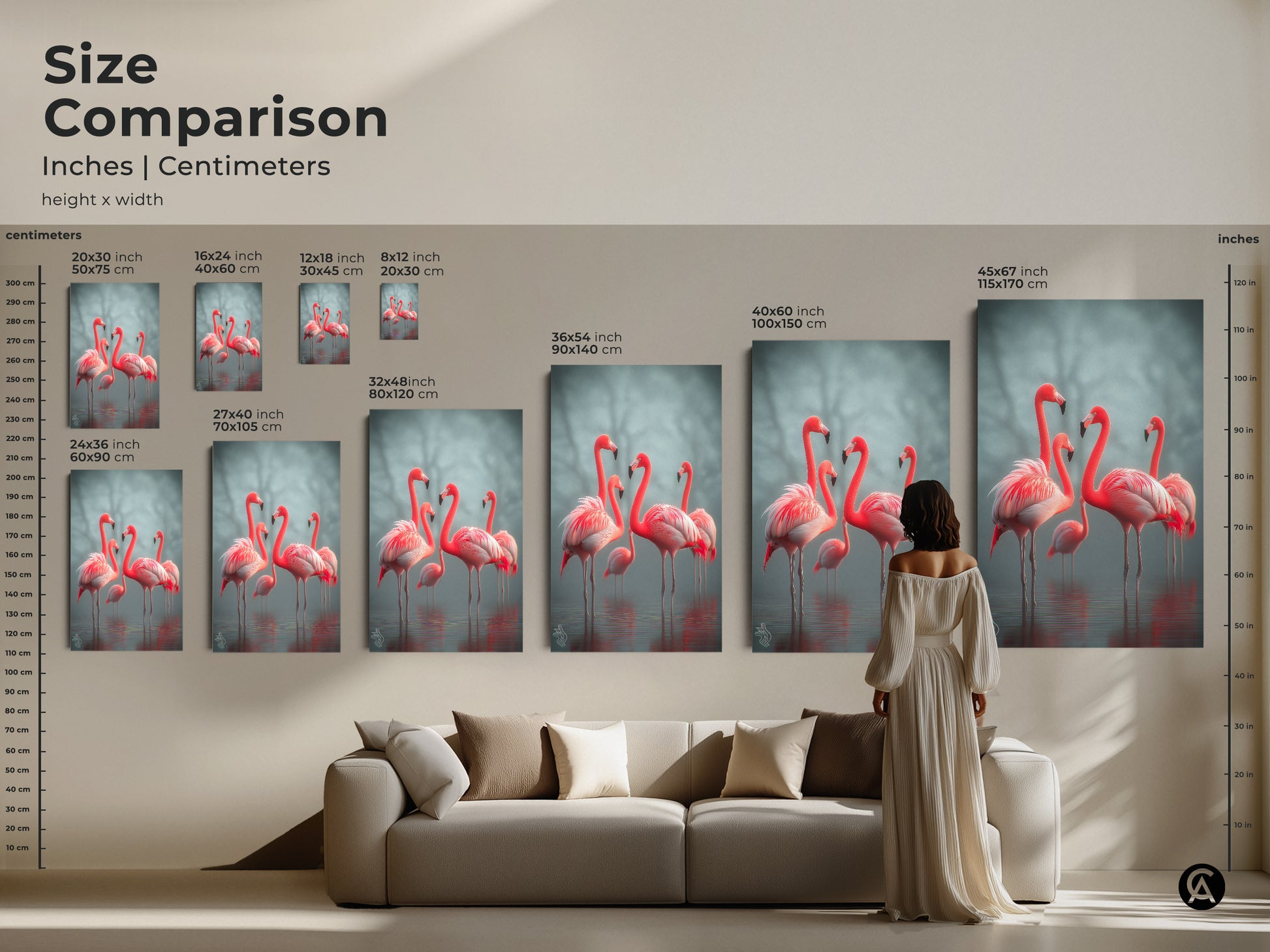 Size comparison of flamingo artwork in inches and centimeters. See how different sizes fit with a sofa. Visualize 20x30 to 45x67 inch prints in your space. Perfect for planning your coastal nature inspired wall decor. Choose the ideal scale for your bird artwork collection.