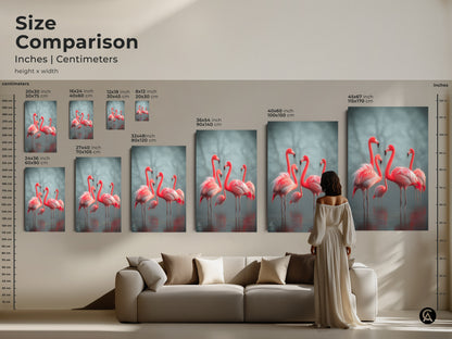 Size comparison of flamingo artwork in inches and centimeters. See how different sizes fit with a sofa. Visualize 20x30 to 45x67 inch prints in your space. Perfect for planning your coastal nature inspired wall decor. Choose the ideal scale for your bird artwork collection.