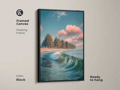 Framed canvas with a black floating frame. It features a teal pine tree beach. View the coastal ocean wave artwork. The blue and pink sky landscape adds color. Ready to hang for contemporary home decor. A beautiful piece of residential wall art.