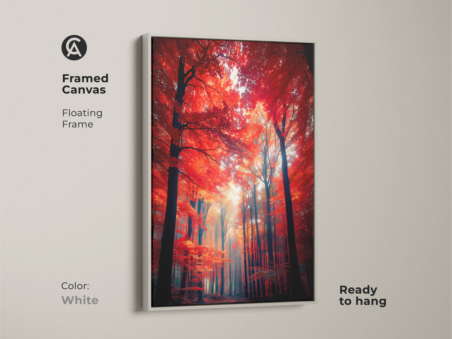 Framed canvas art displaying a vibrant red forest. The floating frame in white offers a clean modern look. Ready to hang this artwork brings nature's beauty to your walls. A perfect statement piece for contemporary home decor.
