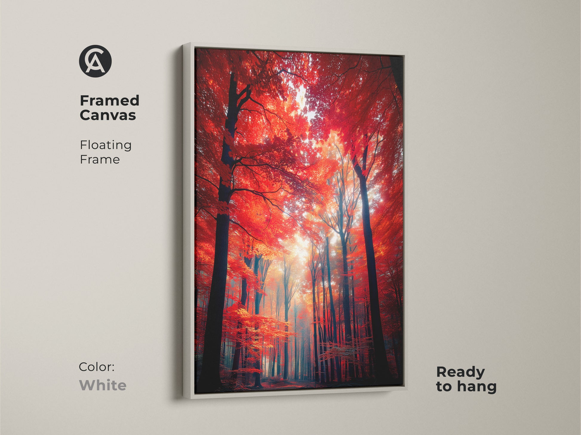 Framed canvas art displaying a vibrant red forest. The floating frame in white offers a clean modern look. Ready to hang this artwork brings nature's beauty to your walls. A perfect statement piece for contemporary home decor.