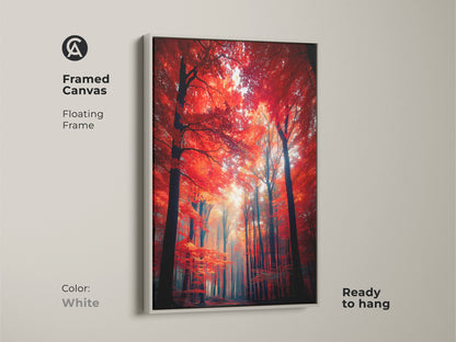 Framed canvas art displaying a vibrant red forest. The floating frame in white offers a clean modern look. Ready to hang this artwork brings nature's beauty to your walls. A perfect statement piece for contemporary home decor.
