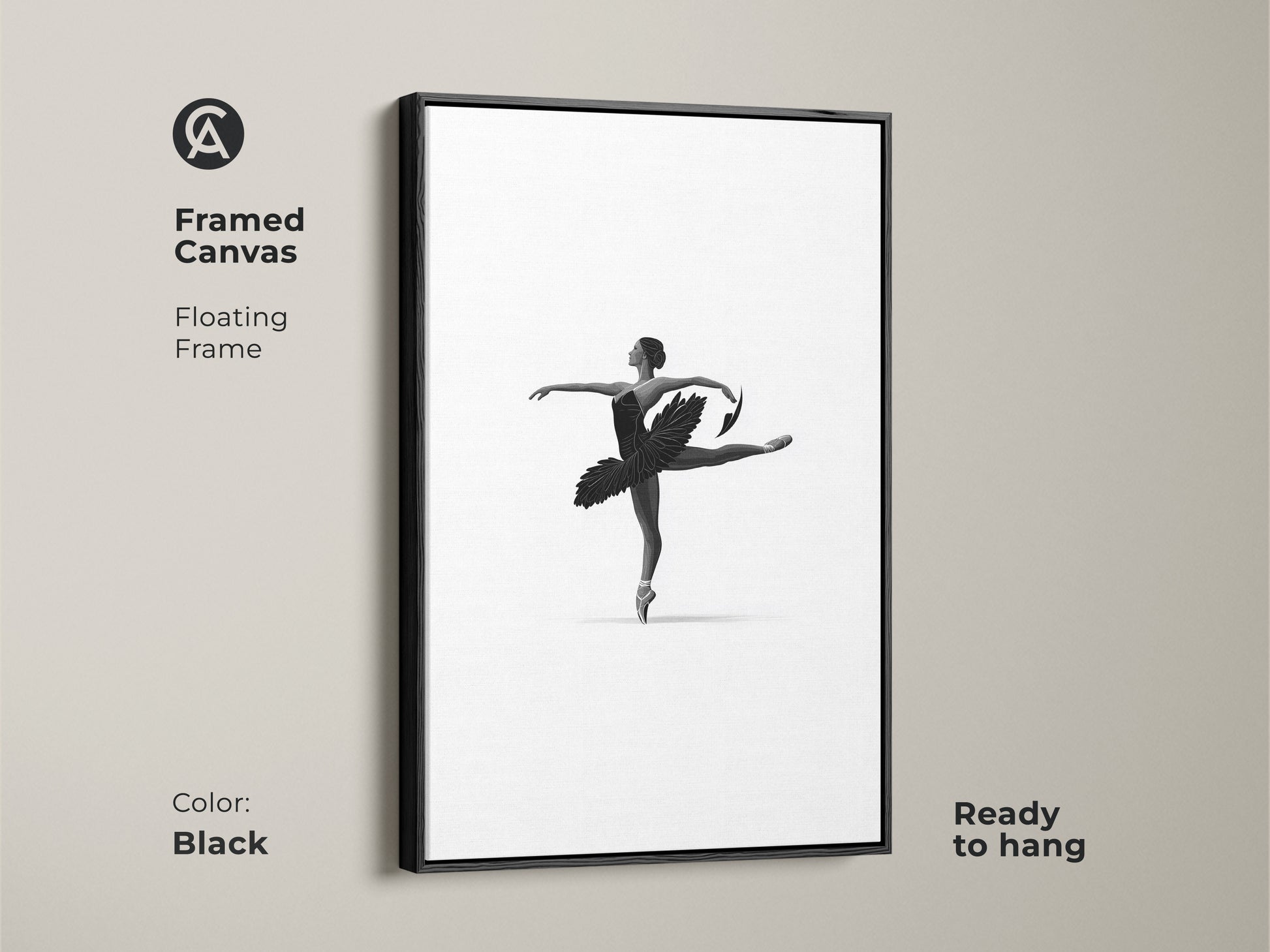 Framed canvas shows minimalist ballerina art. Black floating frame enhances black and white dancer wall art. The elegant ballet figure canvas decorates modern bedroom decor. This monochrome ballet art is ready to hang. A fine art print dancer.