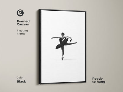 Framed canvas shows minimalist ballerina art. Black floating frame enhances black and white dancer wall art. The elegant ballet figure canvas decorates modern bedroom decor. This monochrome ballet art is ready to hang. A fine art print dancer.