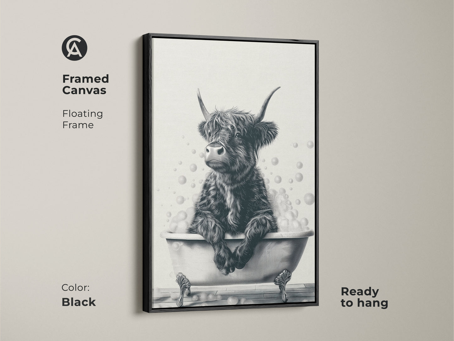 Black framed canvas of a Highland cow in a bathtub. This floating frame is ready to hang. The black and white artwork adds a touch of rustic charm. Ideal for farmhouse bathroom decor. A perfect gift for cow lovers. This funny animal sketch brings humor to your space.