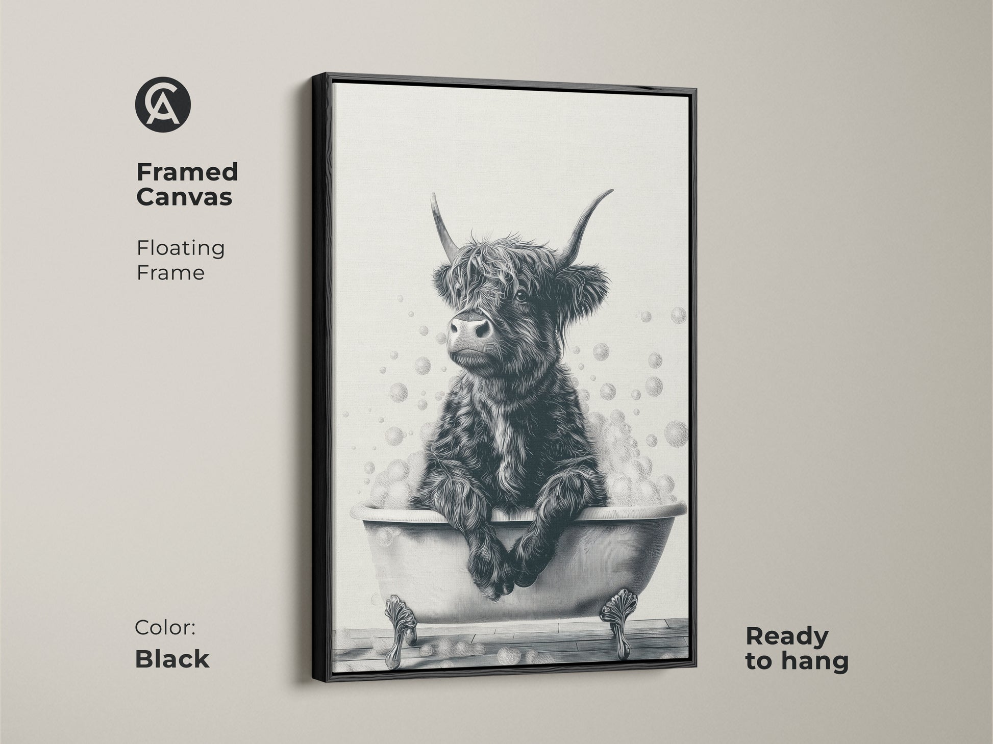 Black framed canvas of a Highland cow in a bathtub. This floating frame is ready to hang. The black and white artwork adds a touch of rustic charm. Ideal for farmhouse bathroom decor. A perfect gift for cow lovers. This funny animal sketch brings humor to your space.