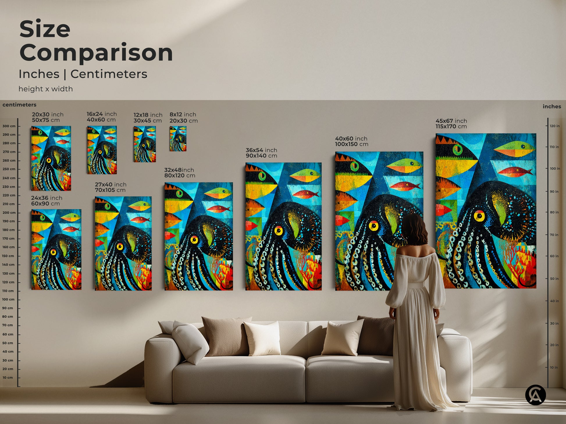 A size comparison of abstract octopus and fish artwork. See how the eclectic teal orange and blue ocean theme fits above a sofa. Various sizes are shown with a model for scale. The canvas brings a vibrant touch to modern spaces.