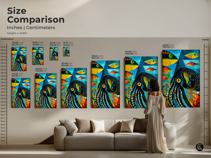 A size comparison of abstract octopus and fish artwork. See how the eclectic teal orange and blue ocean theme fits above a sofa. Various sizes are shown with a model for scale. The canvas brings a vibrant touch to modern spaces.
