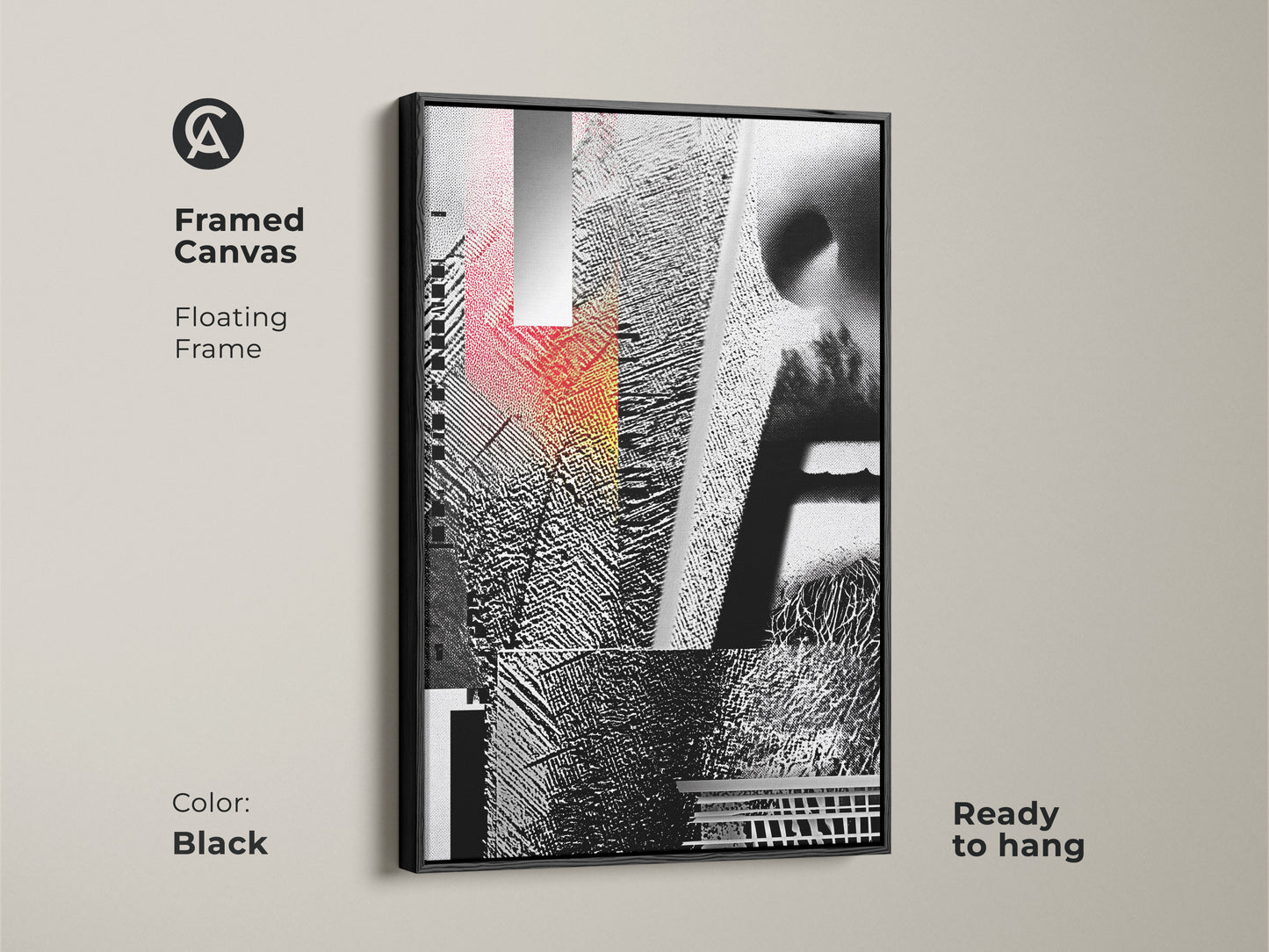 Framed Canvas featuring Glitch Art. This floating frame highlights the abstract geometric face collage in black white and red. The mixed media artwork is ready to hang adding a sophisticated touch. The frame color is black.